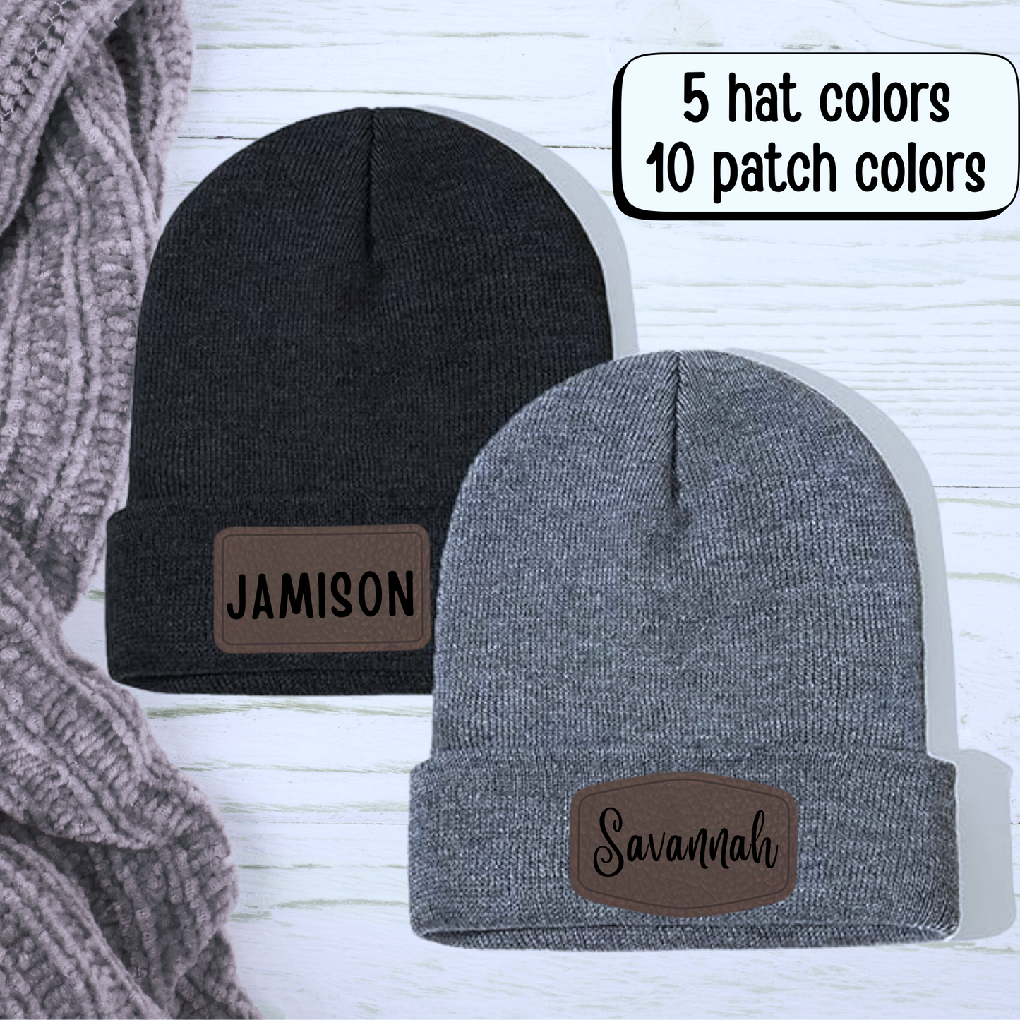 Knit Beanie With Personalized Engraved Leather Patch
