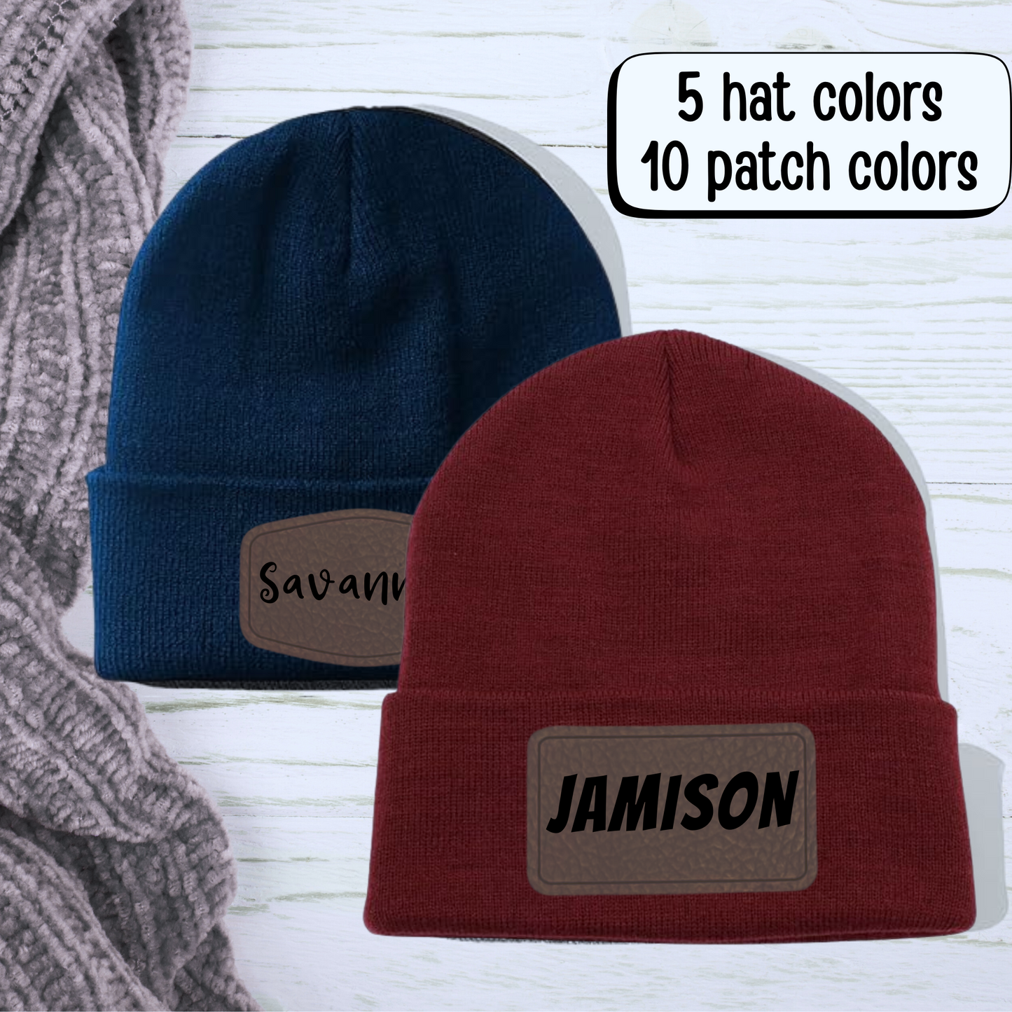 Knit Beanie With Personalized Engraved Leather Patch