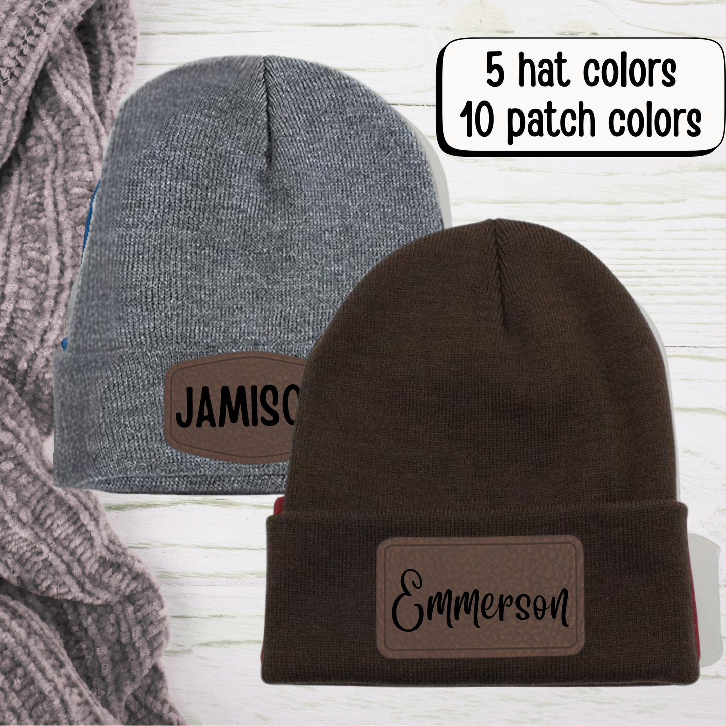 Knit Beanie With Personalized Engraved Leather Patch