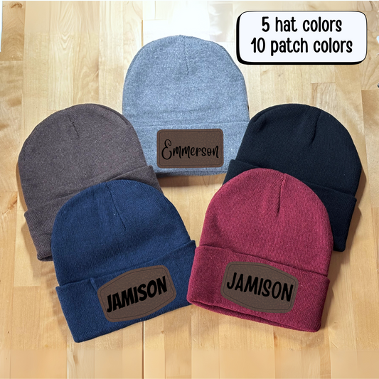 Knit Beanie With Personalized Engraved Leather Patch