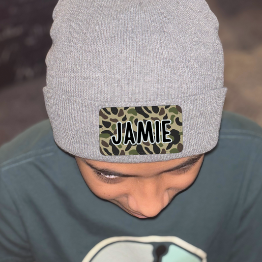Personalized Knit Beanie With PU Leather Patterned Patch