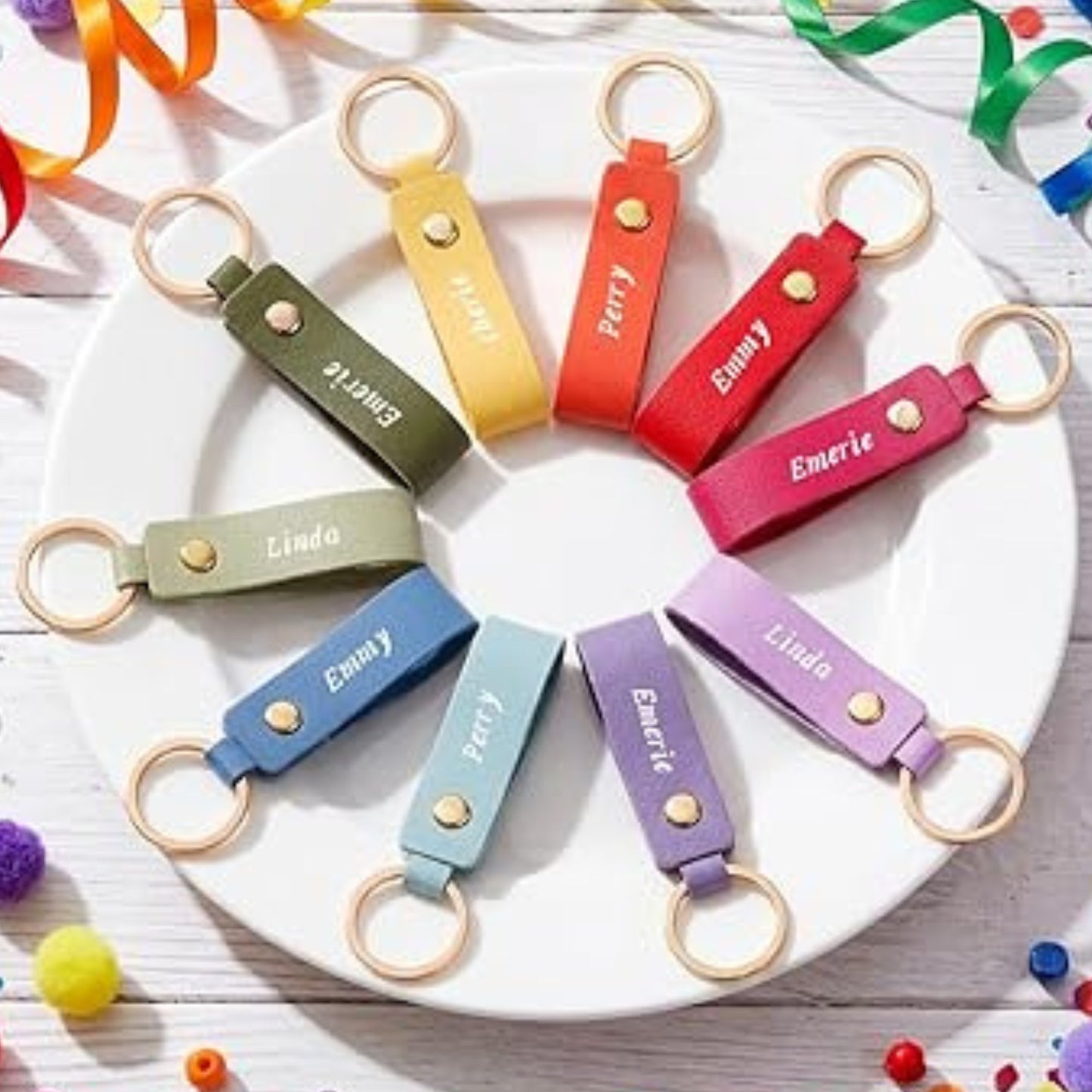 Engraved Leather Keychain Bright Rainbow Colors