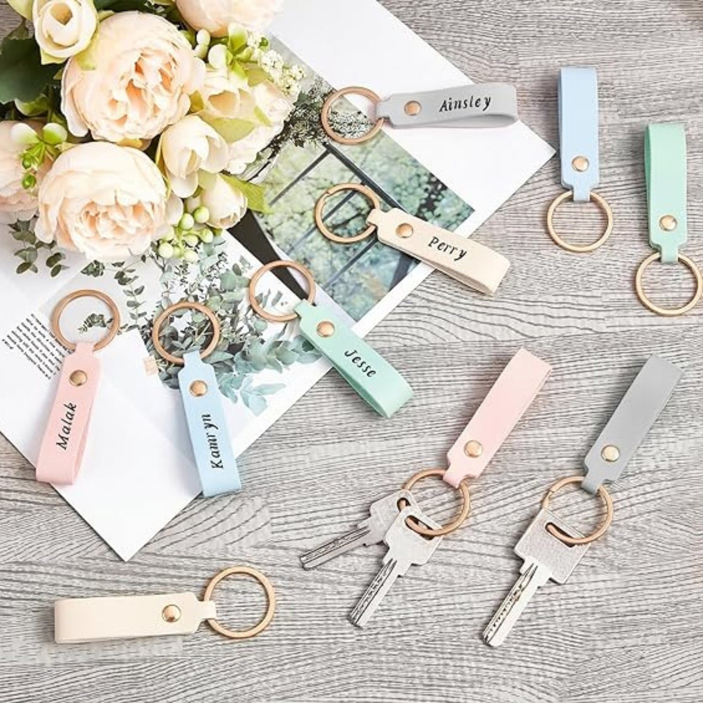 Engraved Leather Keychain Soft Pastels