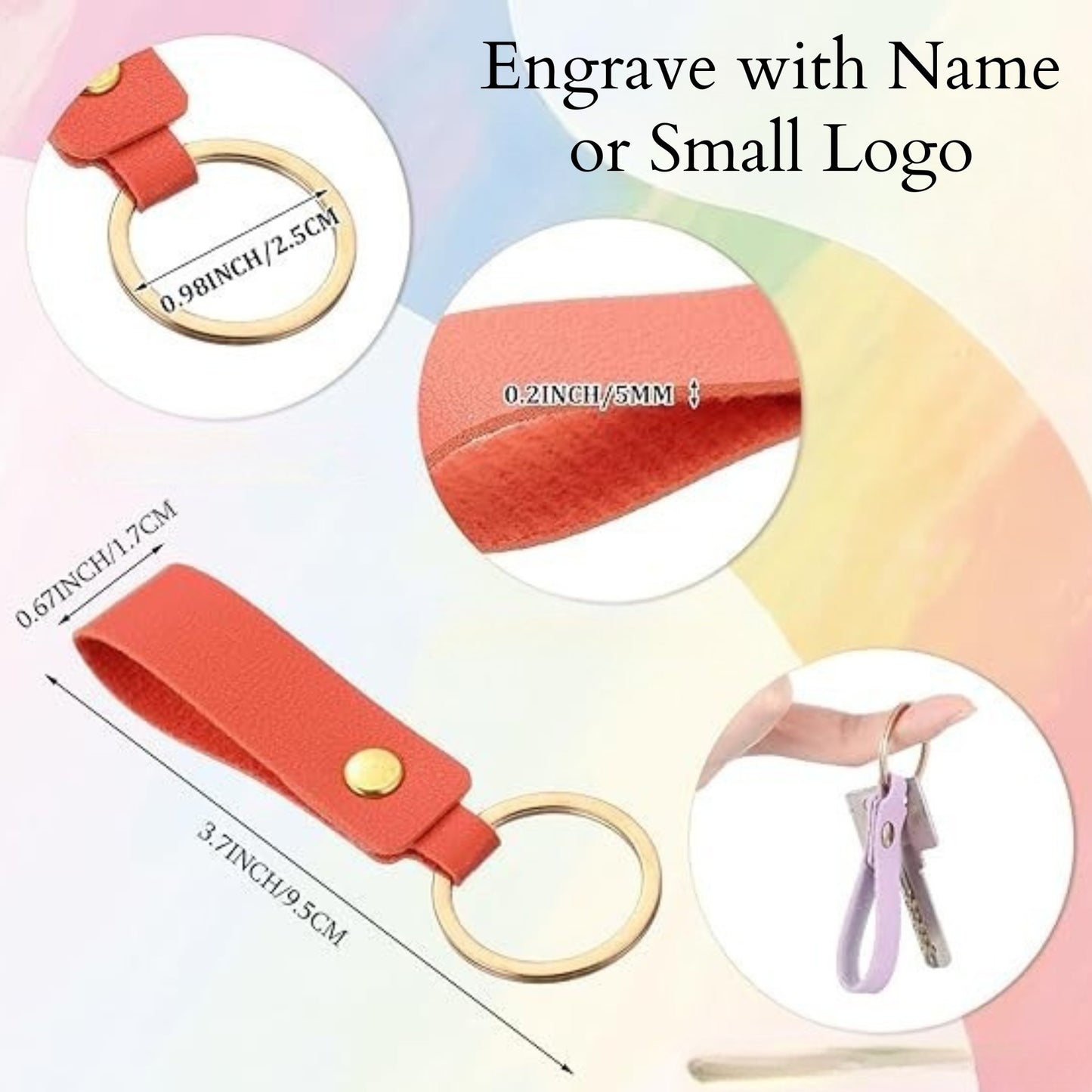 Engraved Leather Keychain Bright Rainbow Colors