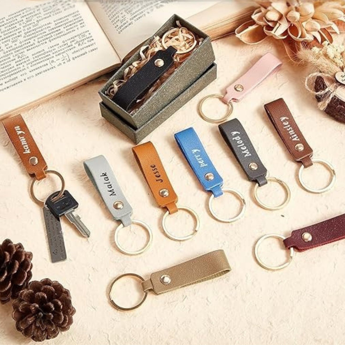Engraved Leather Keychain Classic Colors